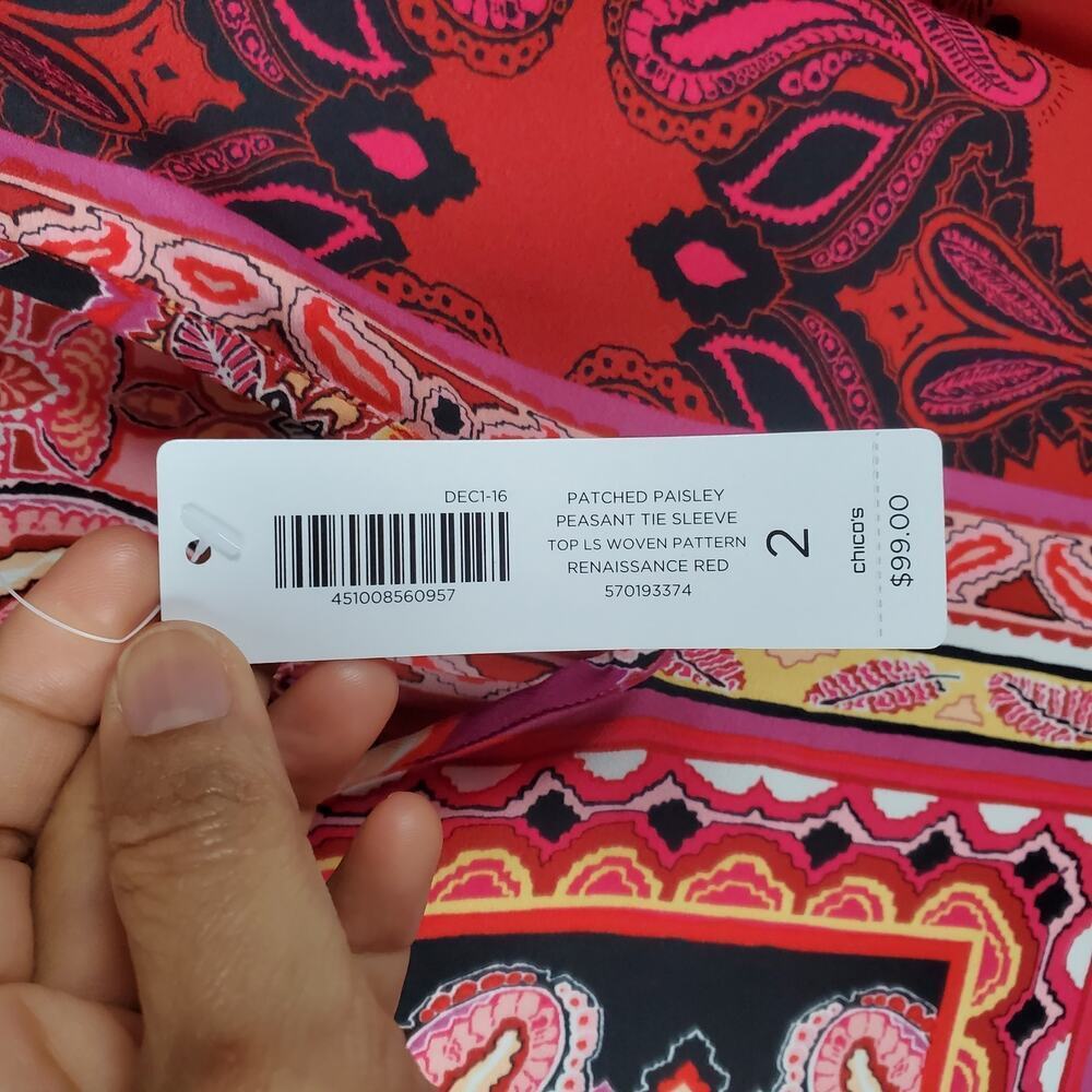 Chico’s Patched Paisley Peasant Top Red Tie Sleeve Boho Renaissance Size 2 NWT - Picture 3 of 8